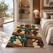 vintage glass insulator rug in a bedroom with an arched window