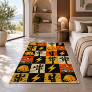 checkered lineman icons rug in a bedroom with an arched window