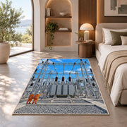 electrical substation rug in a bedroom with an arched window