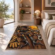 lineman climbing gear rug in a bedroom with an arched window