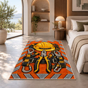 safety orange lineman rug in a bedroom with an arched window