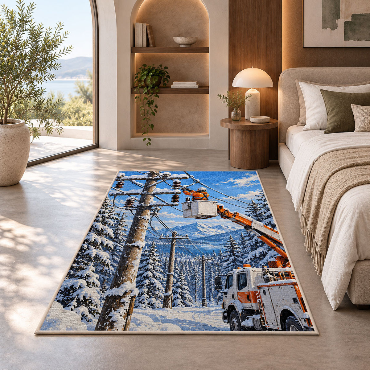 winter lineman bucket truck rug in a bedroom with an arched window
