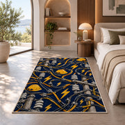 power lines and lightning pattern rug in a bedroom with an arched window
