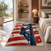 patriotic lineman silhouette rug in a bedroom with an arched window