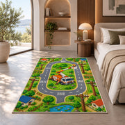 kids lineman road play rug in a bedroom with an arched window
