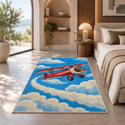 Vintage Biplane Rug in a bedroom with an arched window