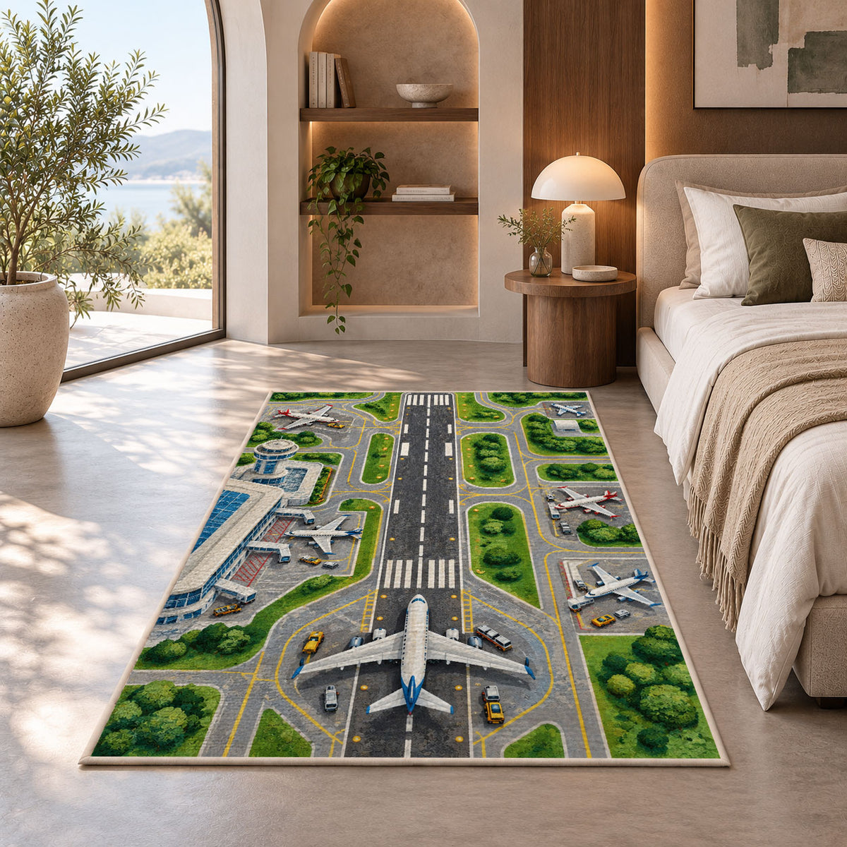 Airport Runway Rug in a bedroom with an arched window