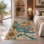 Vintage World Map Rug in a bedroom with an arched window