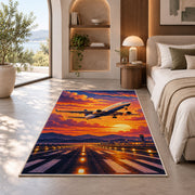 Jet Takeoff Sunset Rug in a bedroom with an arched window