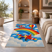 Rainbow Airplane Rug in a bedroom with an arched window