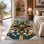 Art Deco Propeller Rug in a bedroom with an arched window