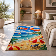 Beach Airplane Banner Rug in a bedroom with an arched window