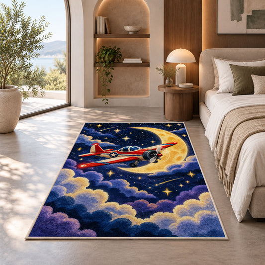Night Flight Airplane Rug in a bedroom with an arched window