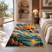 Retro Aviation Poster Rug in a bedroom with an arched window