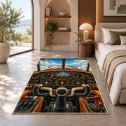 Airplane Cockpit Rug in a bedroom with an arched window
