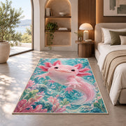 Cute Pink Axolotl Rug in a bedroom with an arched window