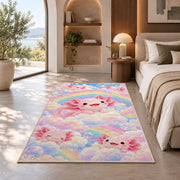 Rainbow Axolotl Rug in a bedroom with an arched window