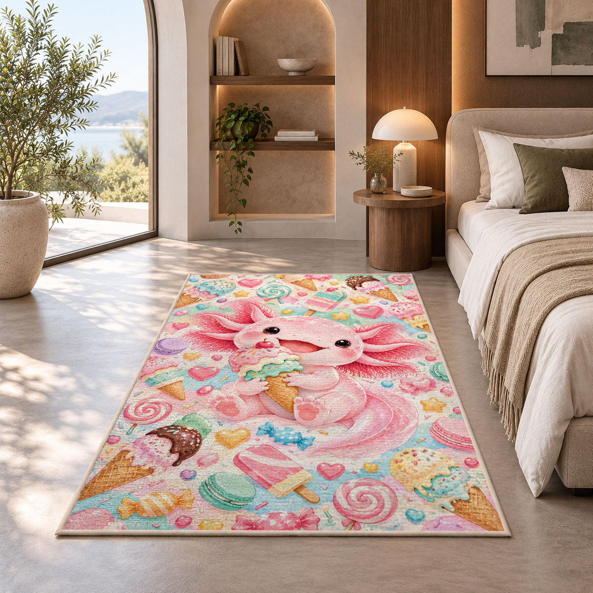 Axolotl Ice Cream Rug in a bedroom with an arched window