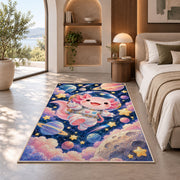 Astronaut Axolotl Rug in a bedroom with an arched window