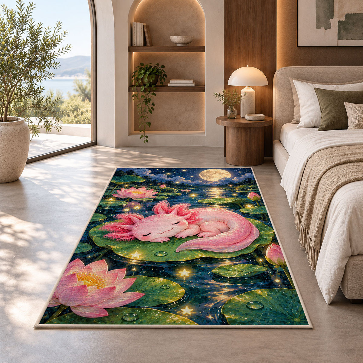 Sleeping Axolotl Rug in a bedroom with an arched window