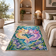 Axolotl Love Rug in a bedroom with an arched window