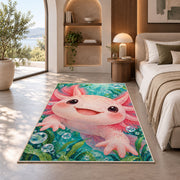 Big Axolotl Face Rug in a bedroom with an arched window