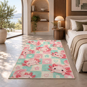 Pastel Checkered Axolotl Rug in a bedroom with an arched window