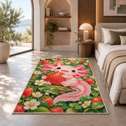 Axolotl Strawberry Rug in a bedroom with an arched window