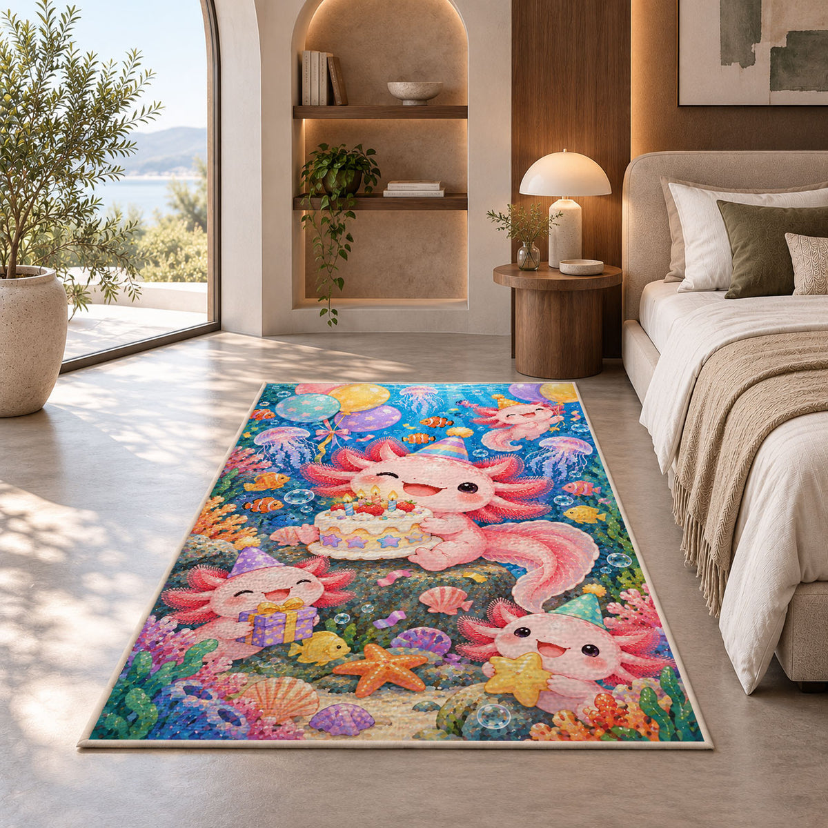 Axolotl Birthday Party Rug in a bedroom with an arched window