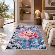 Winter Axolotl Rug in a bedroom with an arched window