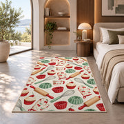 Baking tools pattern rug in a bedroom with an arched window