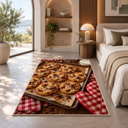 Chocolate chip cookie tray rug in a bedroom with an arched window