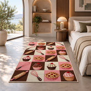 Checkered bakery icons rug in a bedroom with an arched window