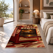 Vintage red oven rug in a bedroom with an arched window