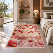 Strawberry tiered cake rug in a bedroom with an arched window