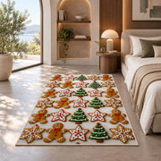Christmas cookie grid rug in a bedroom with an arched window
