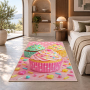 Cute pastel cupcakes rug in a bedroom with an arched window