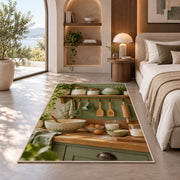 Sage farmhouse baking shelf rug in a bedroom with an arched window