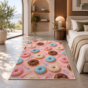 Donut pattern rug in a bedroom with an arched window