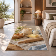 Eggs flour and butter rug in a bedroom with an arched window