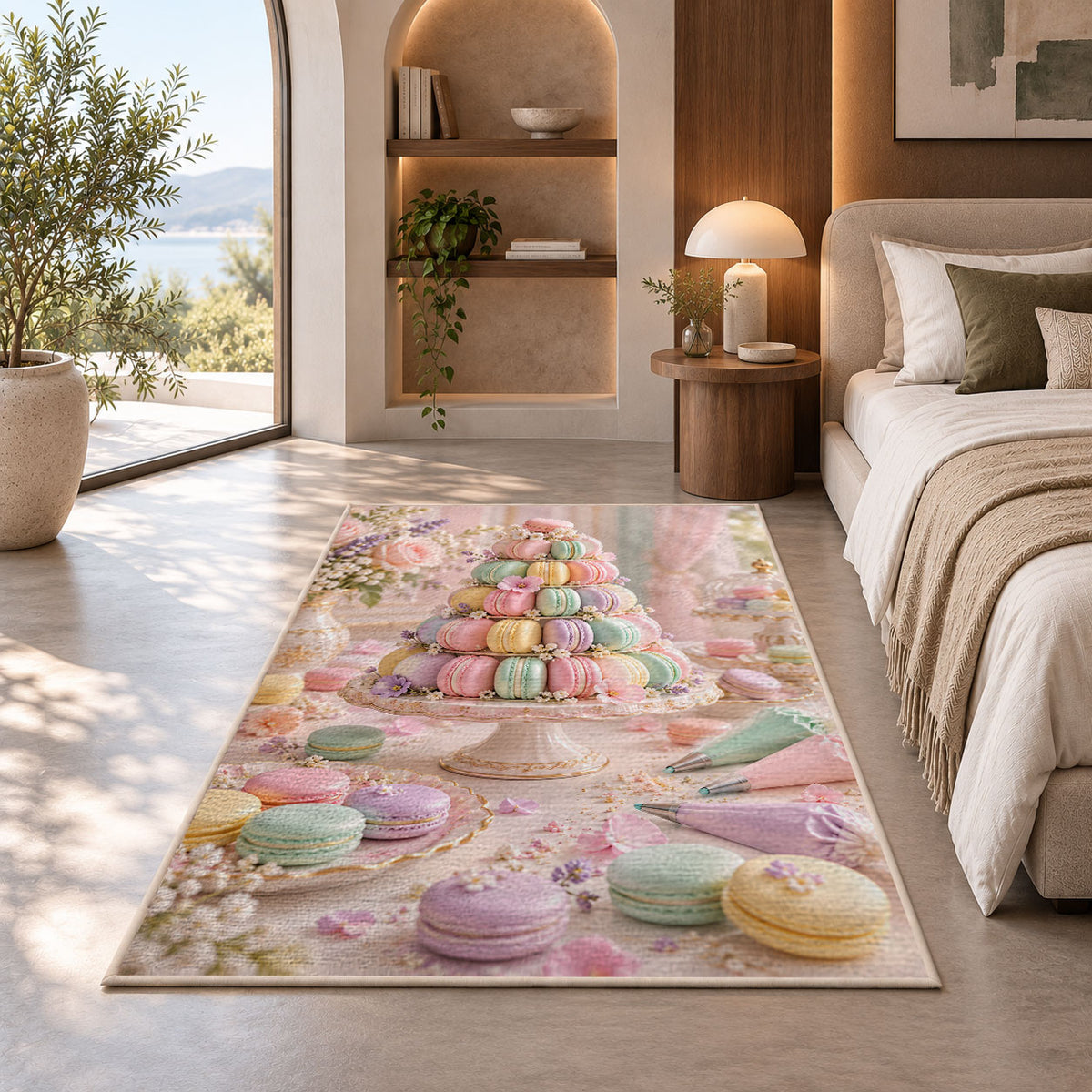 Pastel macaron tower rug in a bedroom with an arched window