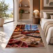 Winter baking window rug in a bedroom with an arched window