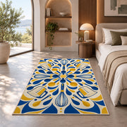 Geometric whisks and measuring cups rug in a bedroom with an arched window