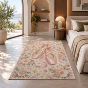 Pink pointe shoes floral rug in a bedroom with an arched window
