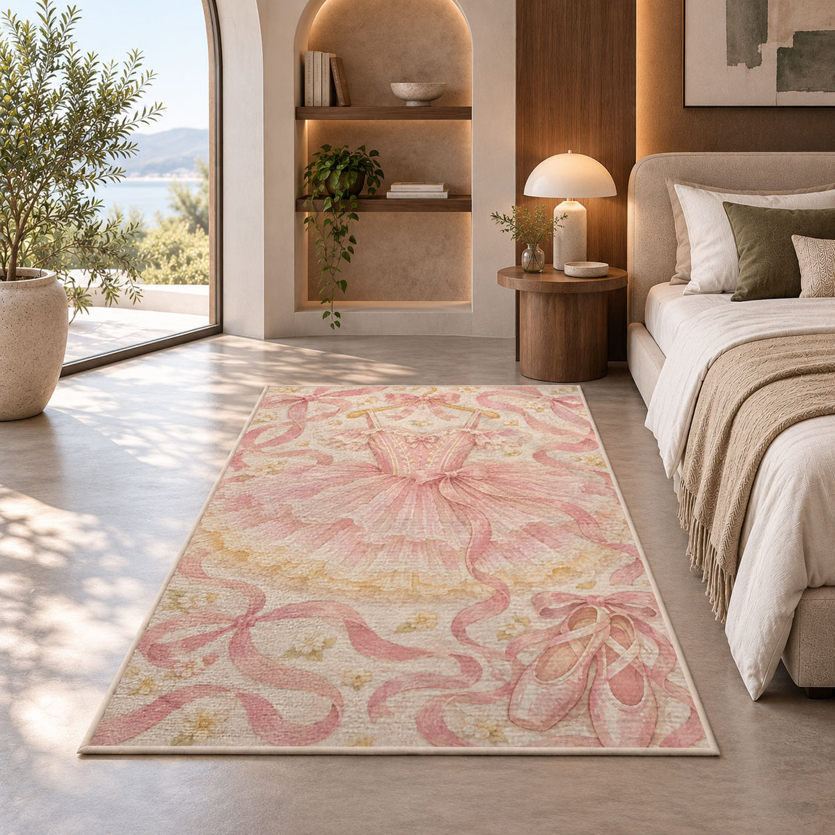 Pink tutu on hanger rug in a bedroom with an arched window