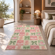 Ballet checkered rug in a bedroom with an arched window