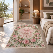 Rose wreath ballet rug in a bedroom with an arched window