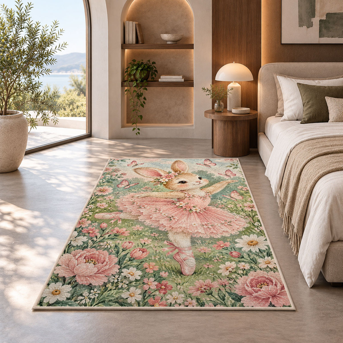 Bunny ballerina rug in a bedroom with an arched window