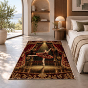 Ballerina in spotlight rug in a bedroom with an arched window