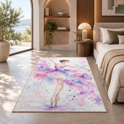 Watercolor ballerina rug in a bedroom with an arched window